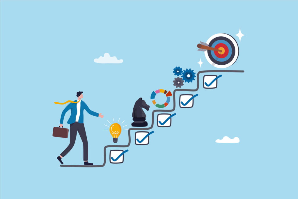 Strategy development, business improvement planning, success checklist or aspiration to growing business, career growth, checklist to success management concept, businessman walk up strategy stair.