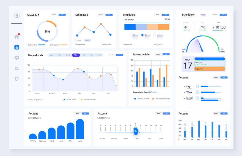 Interactive data dashboard interface showcasing multiple charts, graphs, and schedules for real-time analytics. Ideal for presenting business performance, tracking metrics, and data visualization in financial, tech, or business projects.