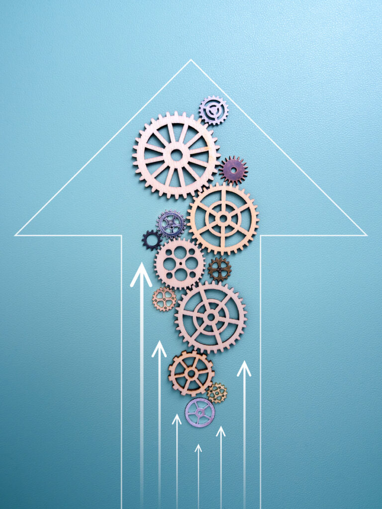 Teamwork, cooperation, business workflow system, strategy and management to success concept. Gears and cog wheel arrange in arrow shape with rising arrows on vertical blue background, minimalist.